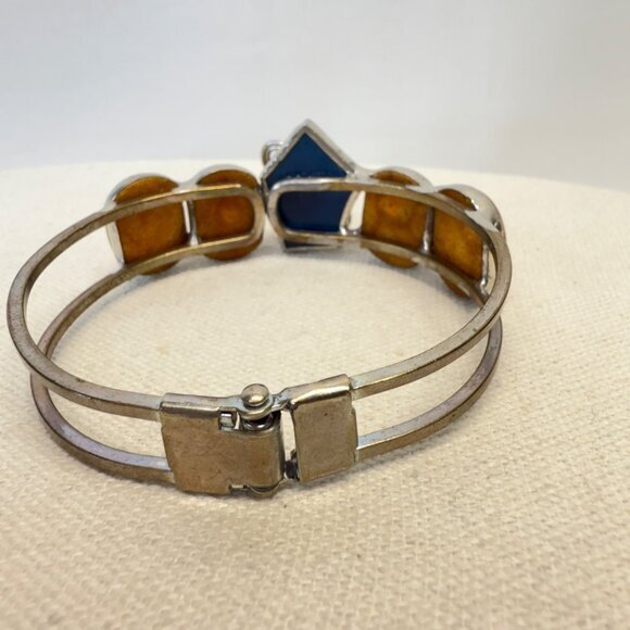 Handmade Vintage Hinged Bangle Bracelet Silver-Tone Boho Tan Blue Floral - Picture 6 of 10
